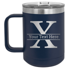 Personalized navy 15 oz vacuum insulated coffee mug with 'Monogram letter X' design