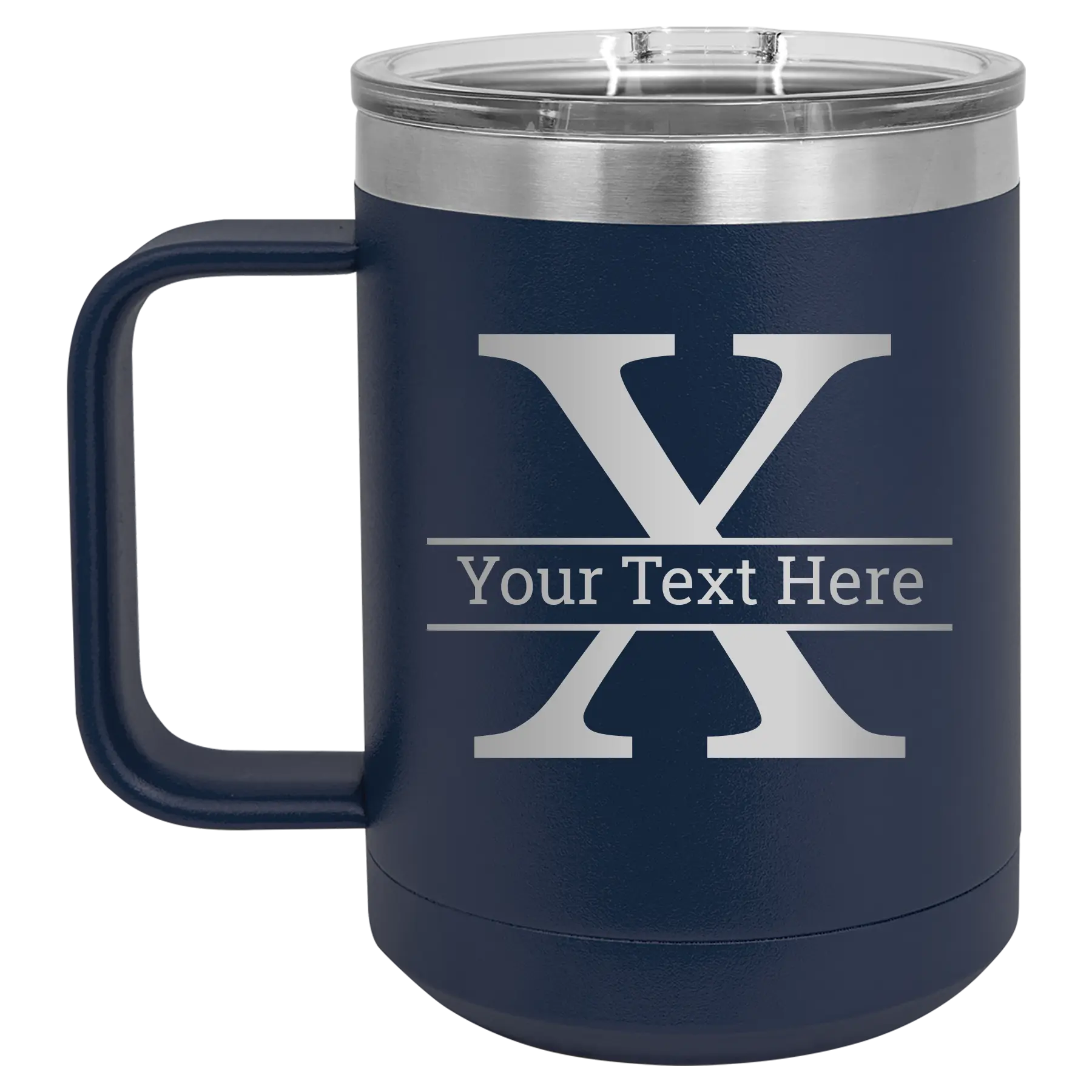 Personalized navy 15 oz vacuum insulated coffee mug with 'Monogram letter X' design