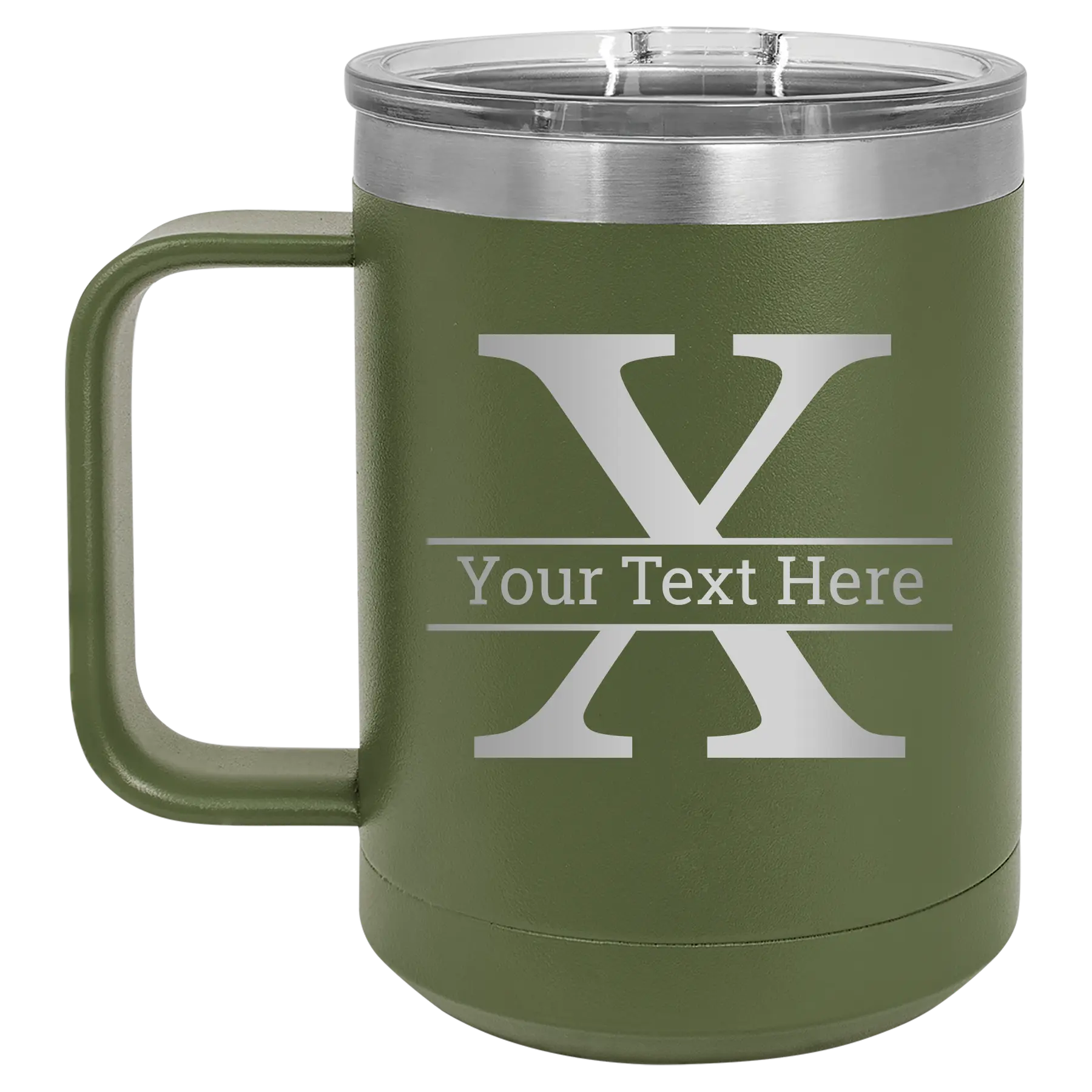 Personalized olive green 15 oz vacuum insulated coffee mug with 'Monogram letter X' design