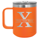 Personalized orange 15 oz vacuum insulated coffee mug with 'Monogram letter X' design