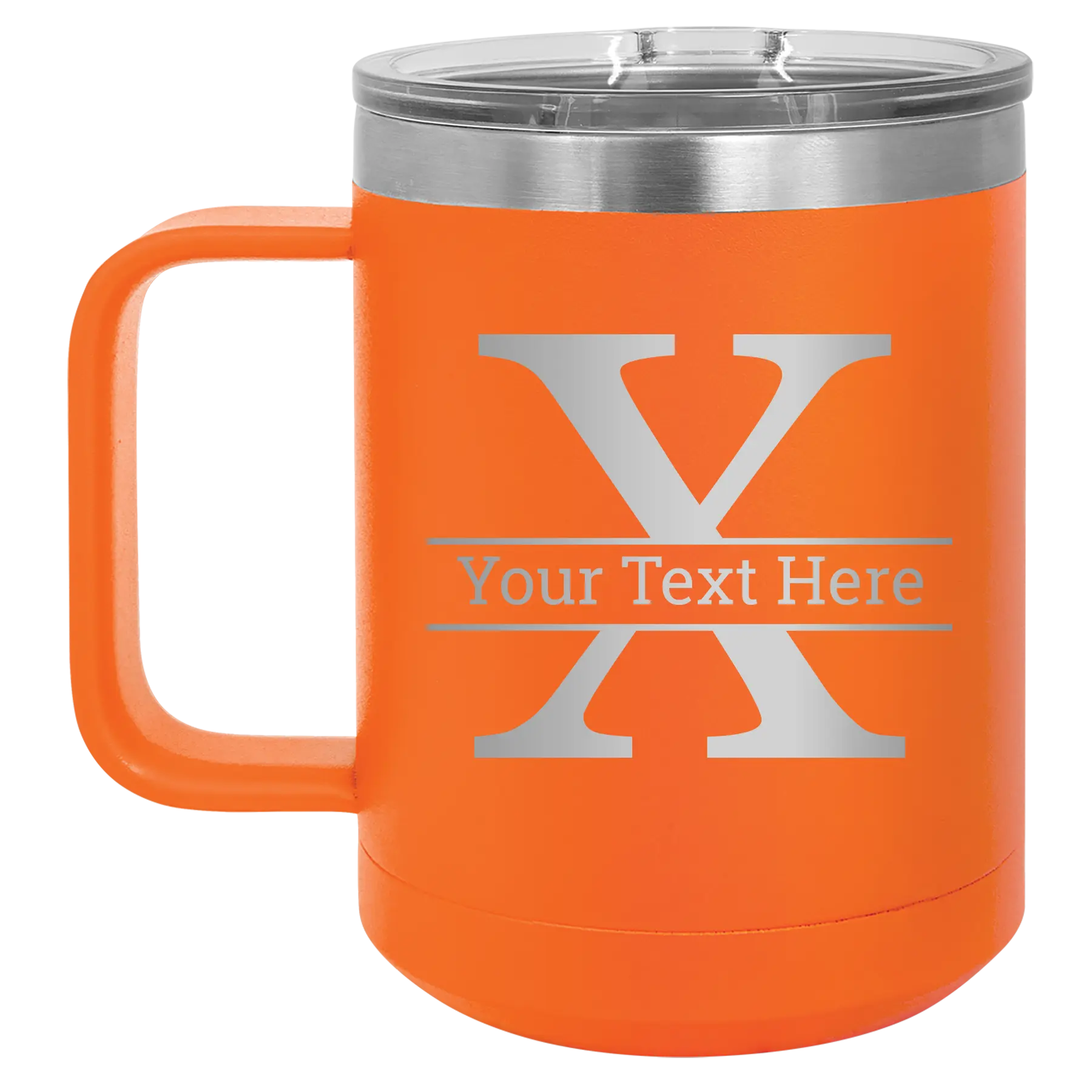 Personalized orange 15 oz vacuum insulated coffee mug with 'Monogram letter X' design