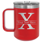 Personalized red 15 oz vacuum insulated coffee mug with 'Monogram letter X' design