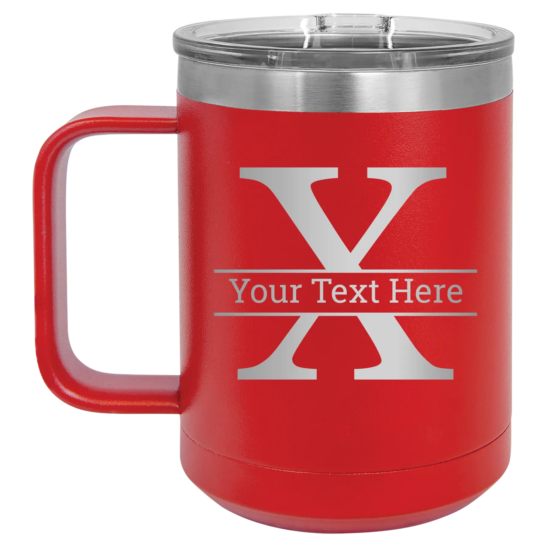 Personalized red 15 oz vacuum insulated coffee mug with 'Monogram letter X' design