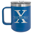 Personalized royal blue 15 oz vacuum insulated coffee mug with 'Monogram letter X' design