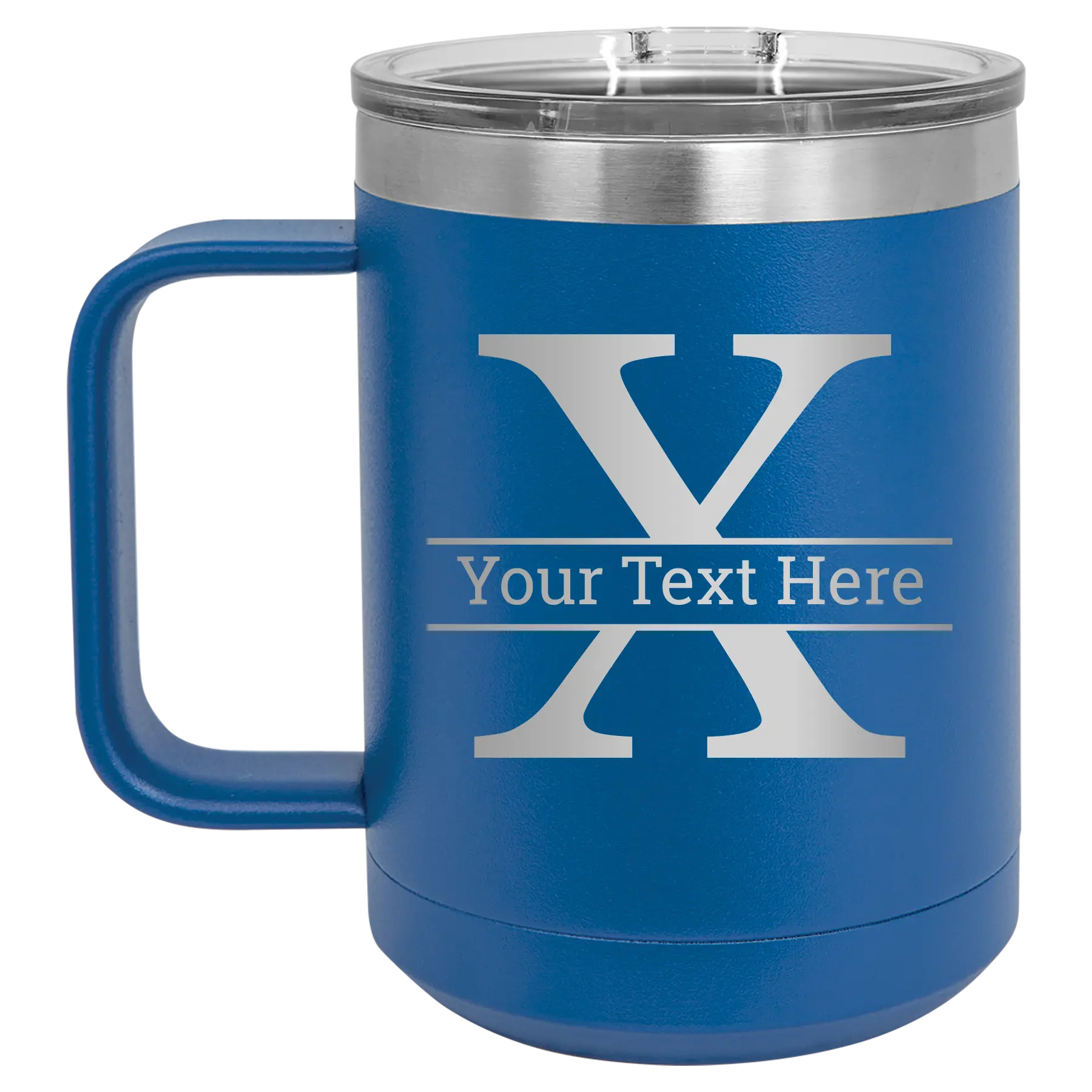 Personalized royal blue 15 oz vacuum insulated coffee mug with 'Monogram letter X' design
