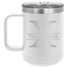 Personalized white 15 oz vacuum insulated coffee mug with 'Monogram letter X' design