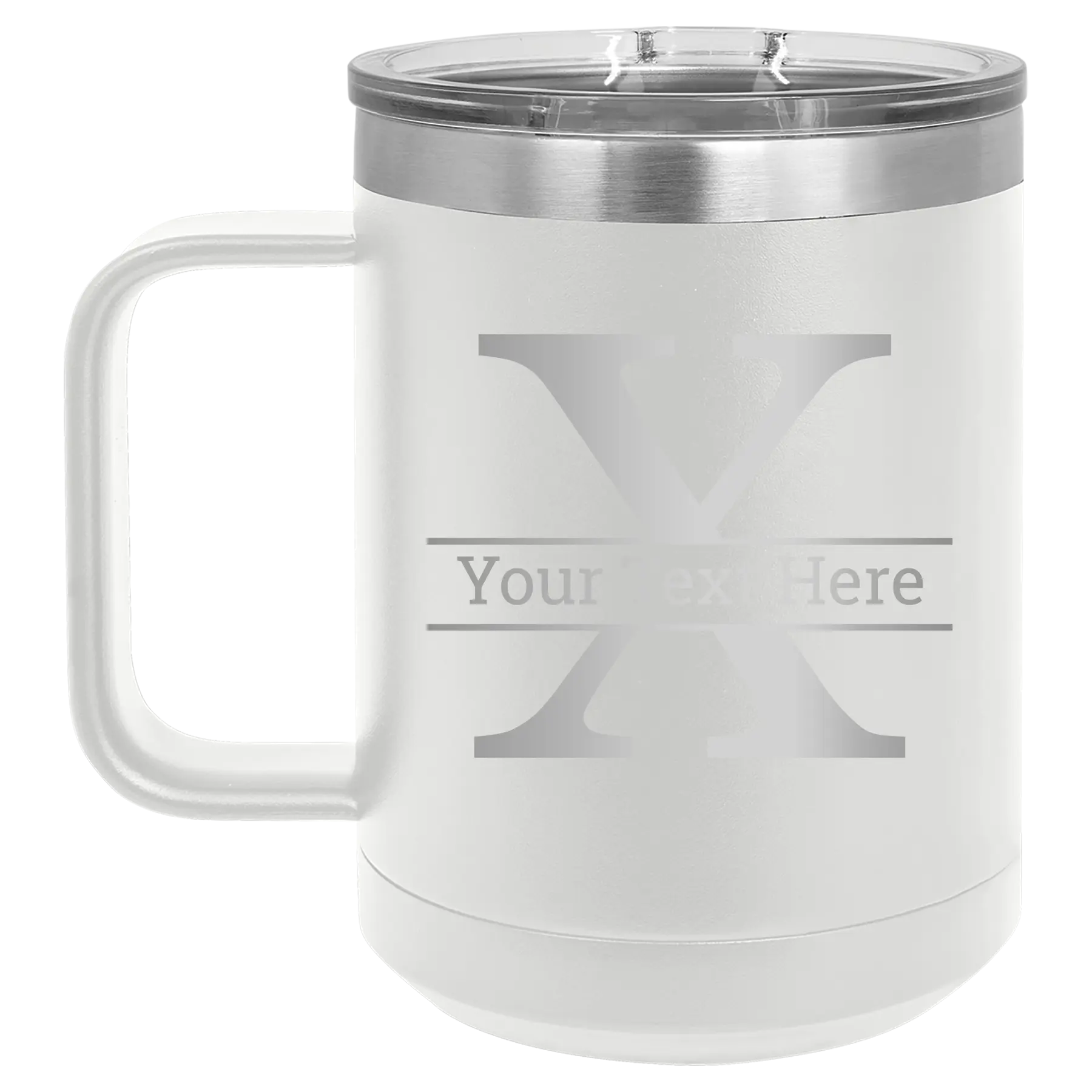Personalized white 15 oz vacuum insulated coffee mug with 'Monogram letter X' design