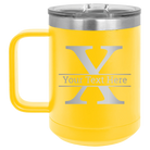 Personalized yellow 15 oz vacuum insulated coffee mug with 'Monogram letter X' design