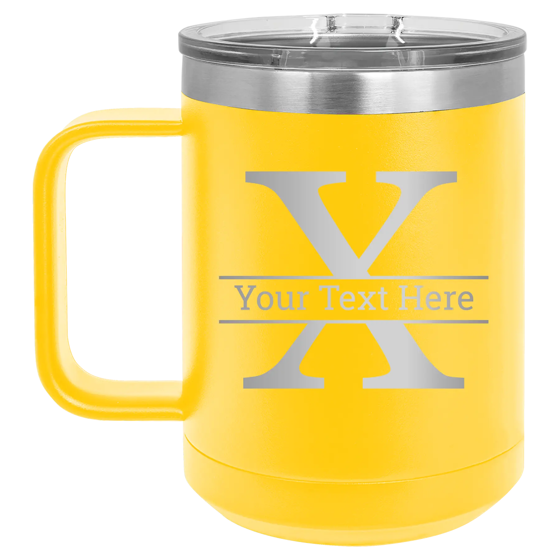 Personalized yellow 15 oz vacuum insulated coffee mug with 'Monogram letter X' design