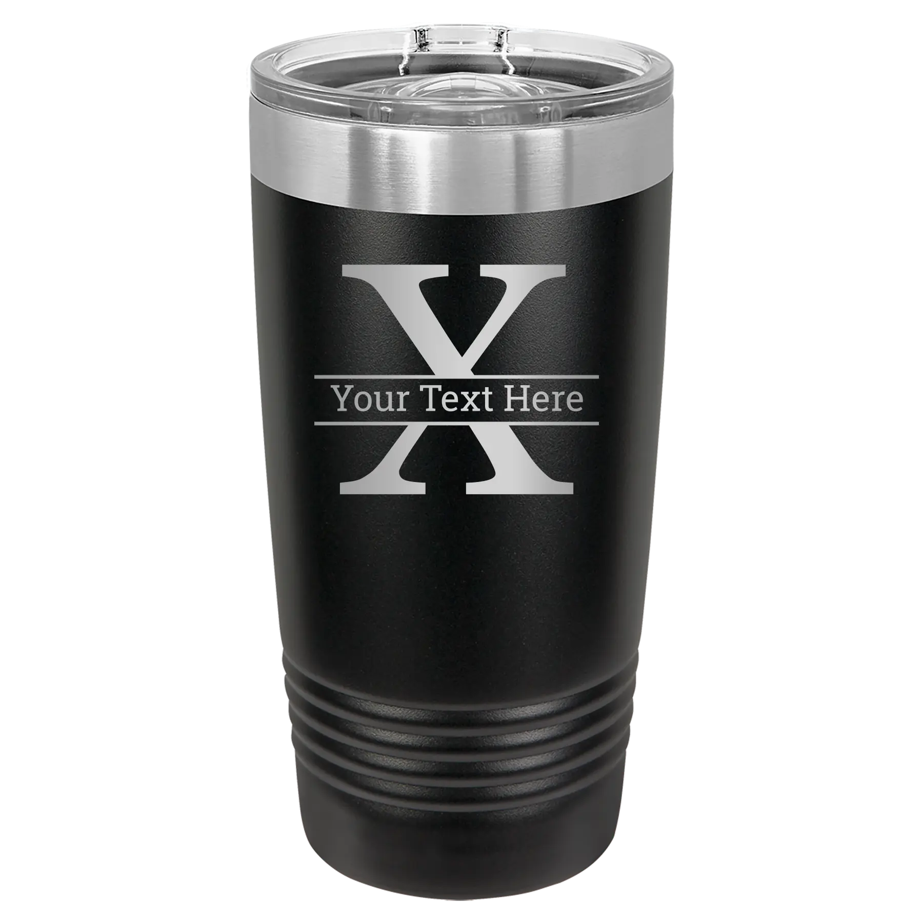 Personalized black 20 oz vacuum insulated tumbler with 'Monogram letter X' design