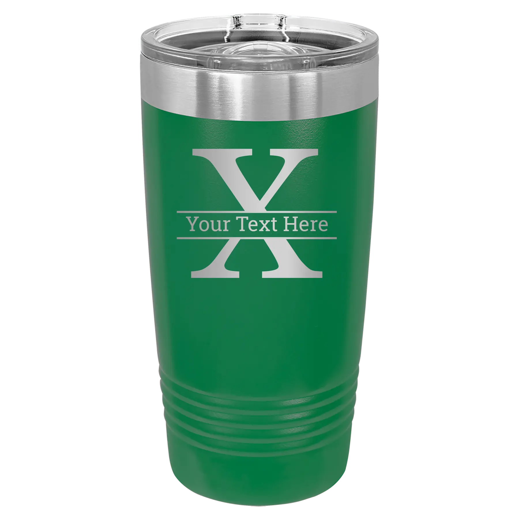 Personalized green 20 oz vacuum insulated tumbler with 'Monogram letter X' design