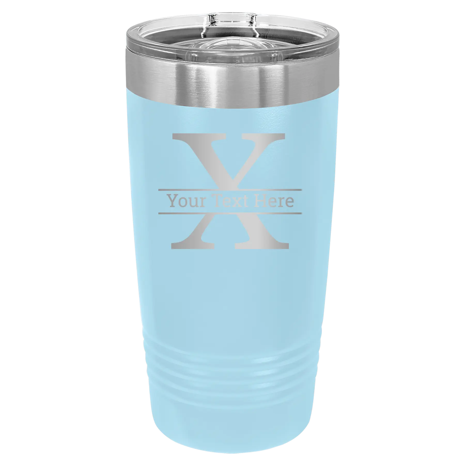 Personalized light blue 20 oz vacuum insulated tumbler with 'Monogram letter X' design