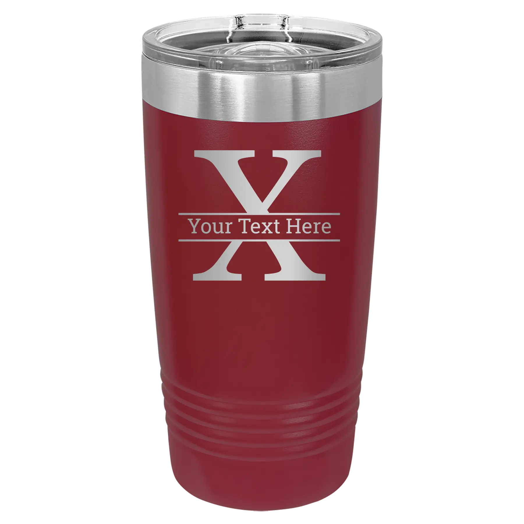 Personalized maroon 20 oz vacuum insulated tumbler with 'Monogram letter X' design
