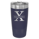 Personalized navy 20 oz vacuum insulated tumbler with 'Monogram letter X' design