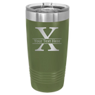 Personalized olive green 20 oz vacuum insulated tumbler with 'Monogram letter X' design