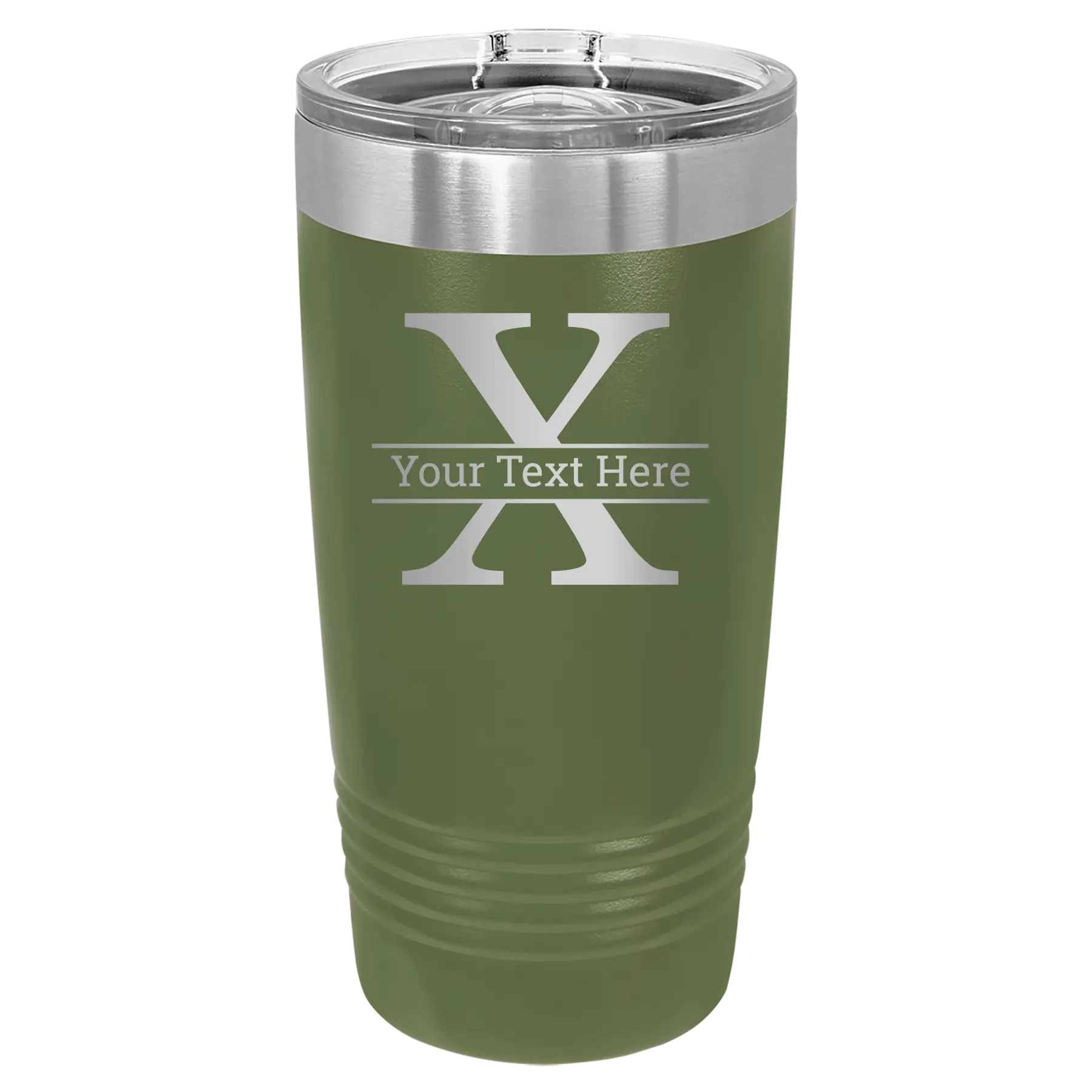 Personalized olive green 20 oz vacuum insulated tumbler with 'Monogram letter X' design