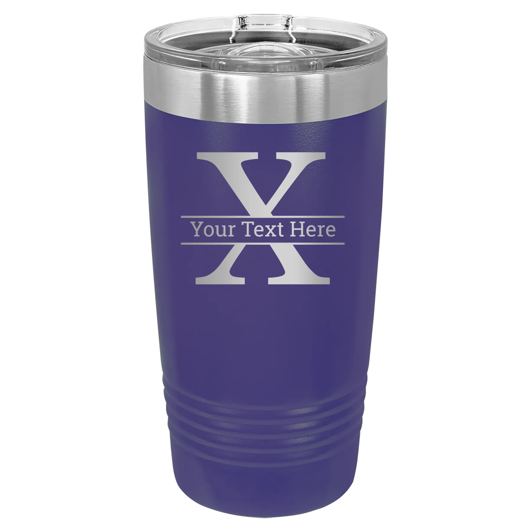 Personalized purple 20 oz vacuum insulated tumbler with 'Monogram letter X' design