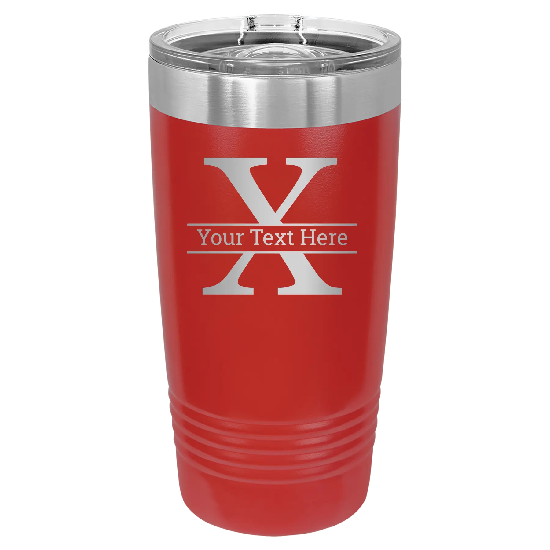 Personalized red 20 oz vacuum insulated tumbler with 'Monogram letter X' design