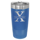 Personalized royal blue 20 oz vacuum insulated tumbler with 'Monogram letter X' design