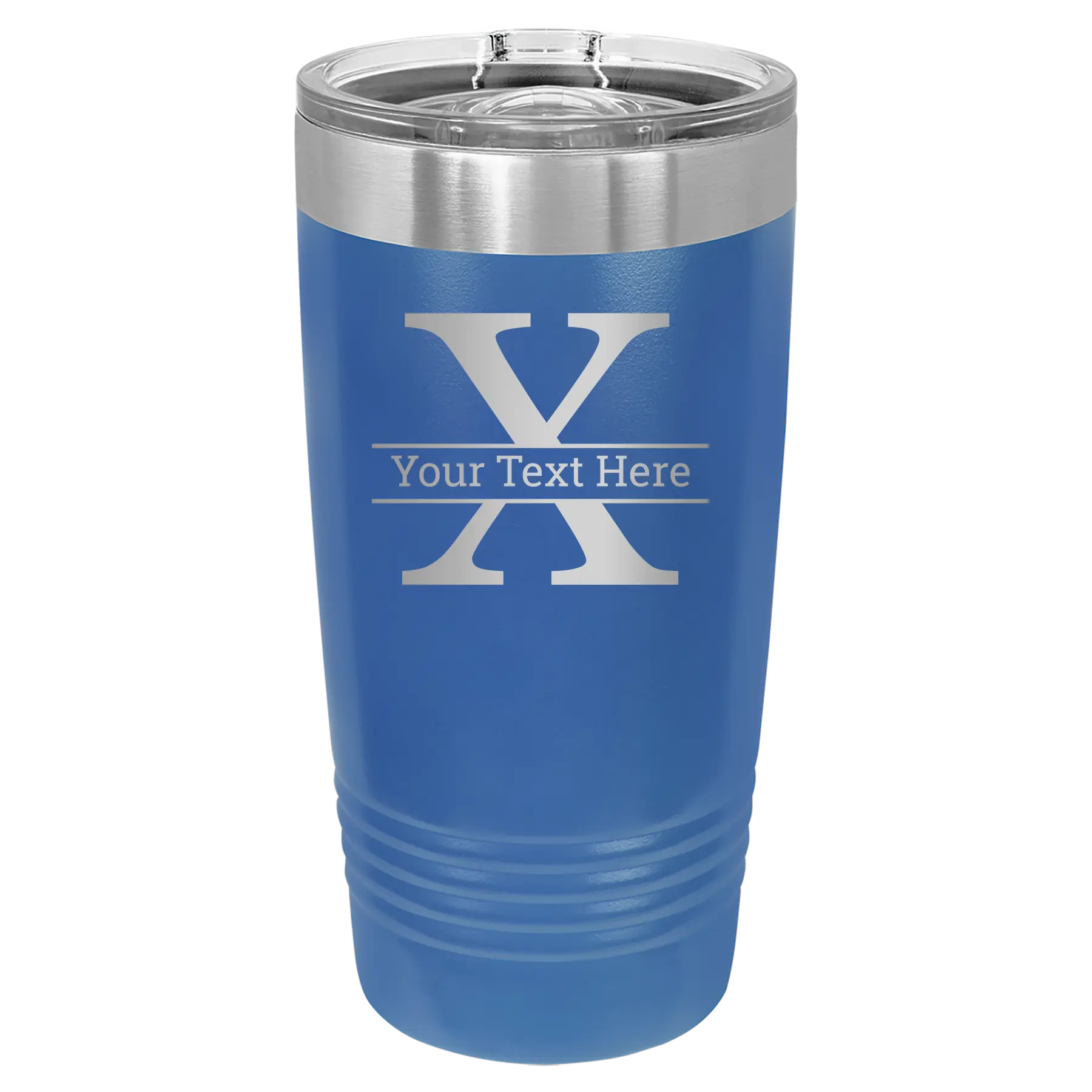 Personalized royal blue 20 oz vacuum insulated tumbler with 'Monogram letter X' design