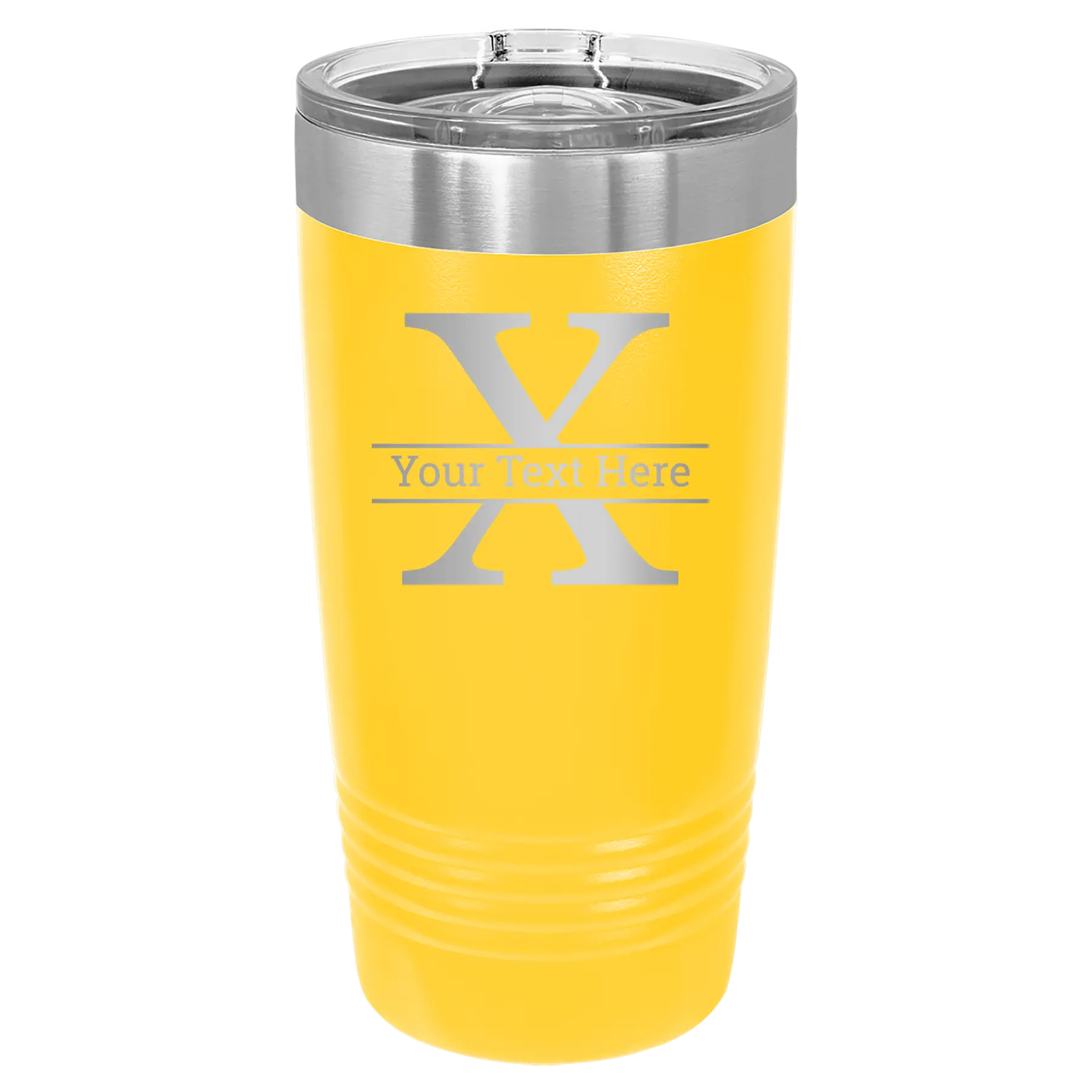 Personalized yellow 20 oz vacuum insulated tumbler with 'Monogram letter X' design
