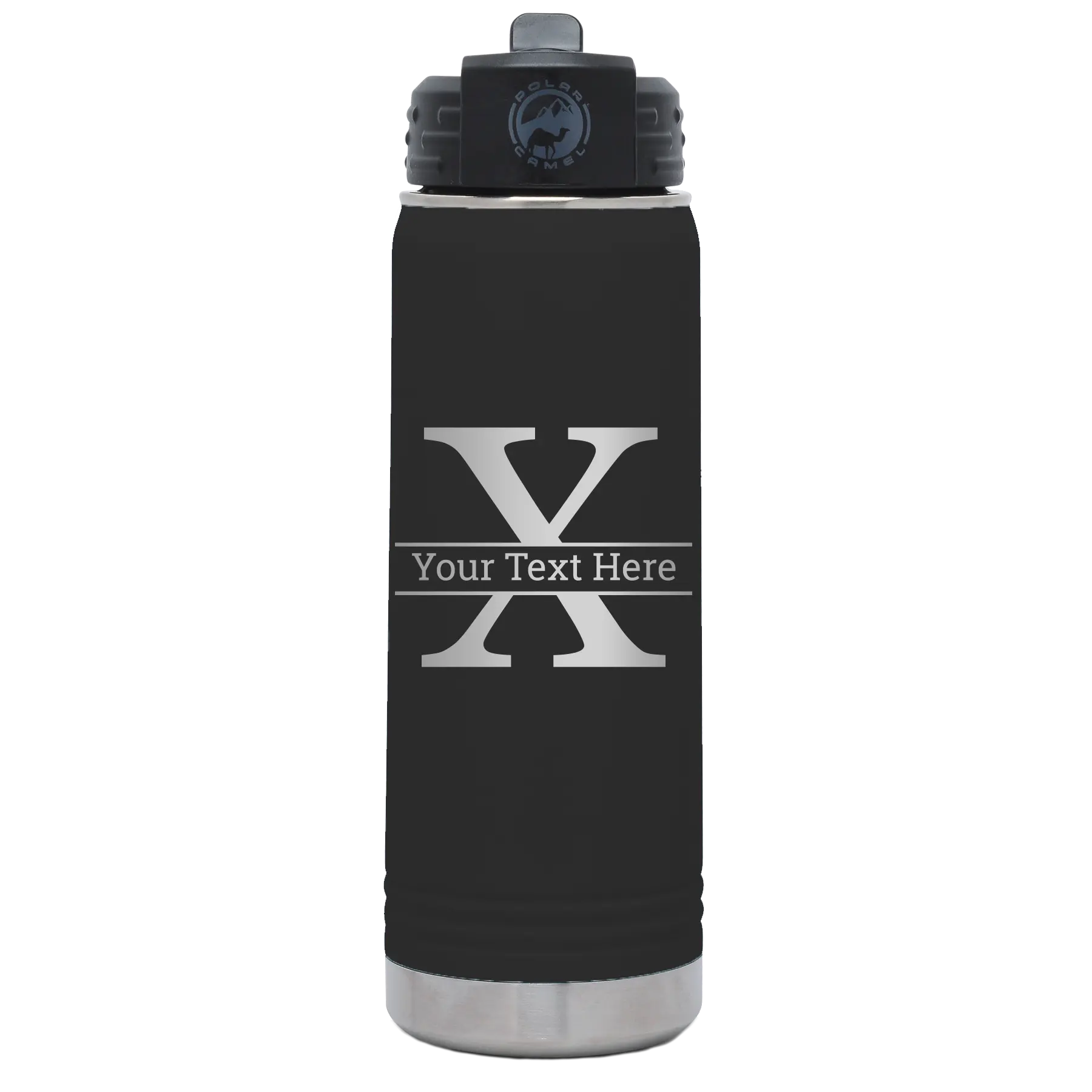 Personalized black 20 oz vacuum insulated water bottle with 'Monogram letter X' design