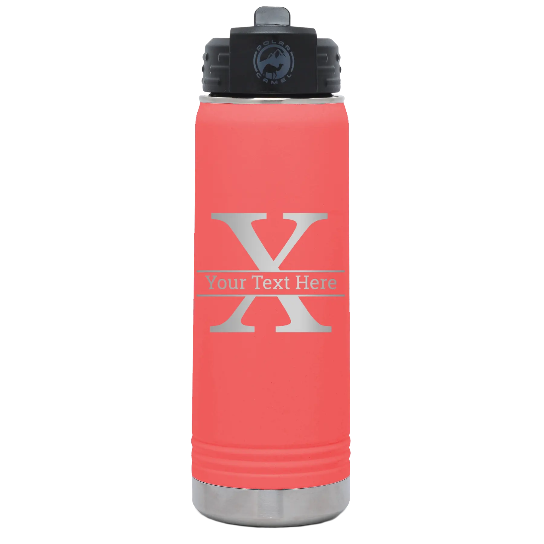 Personalized coral 20 oz vacuum insulated water bottle with 'Monogram letter X' design