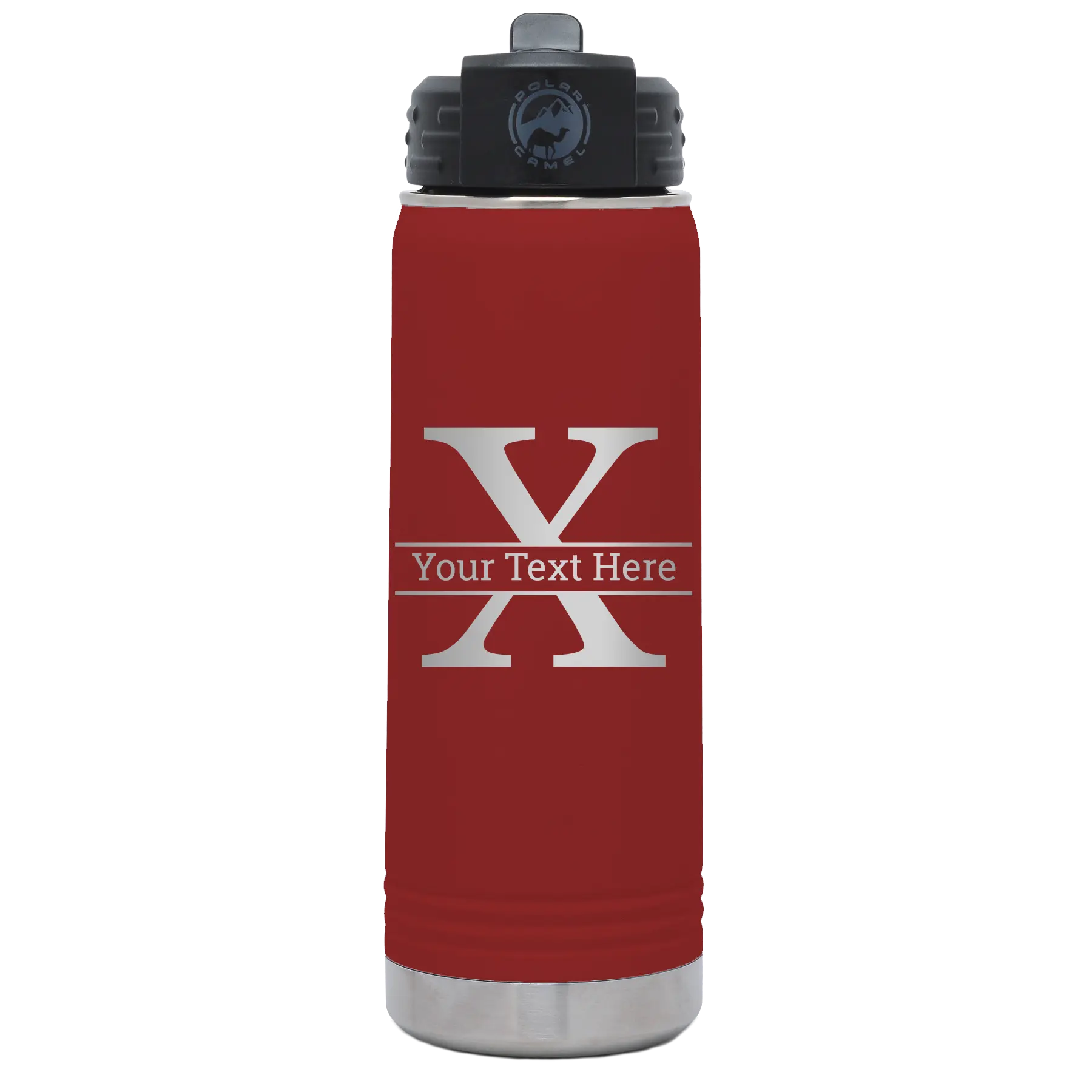 Personalized maroon 20 oz vacuum insulated water bottle with 'Monogram letter X' design