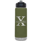 Personalized olive green 20 oz vacuum insulated water bottle with 'Monogram letter X' design