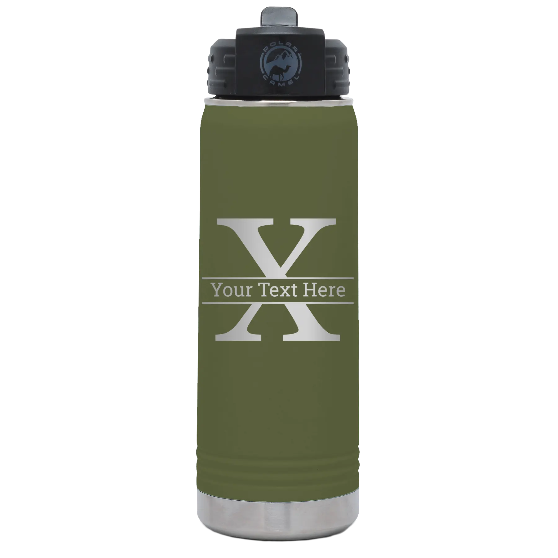 Personalized olive green 20 oz vacuum insulated water bottle with 'Monogram letter X' design