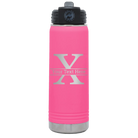 Personalized pink 20 oz vacuum insulated water bottle with 'Monogram letter X' design