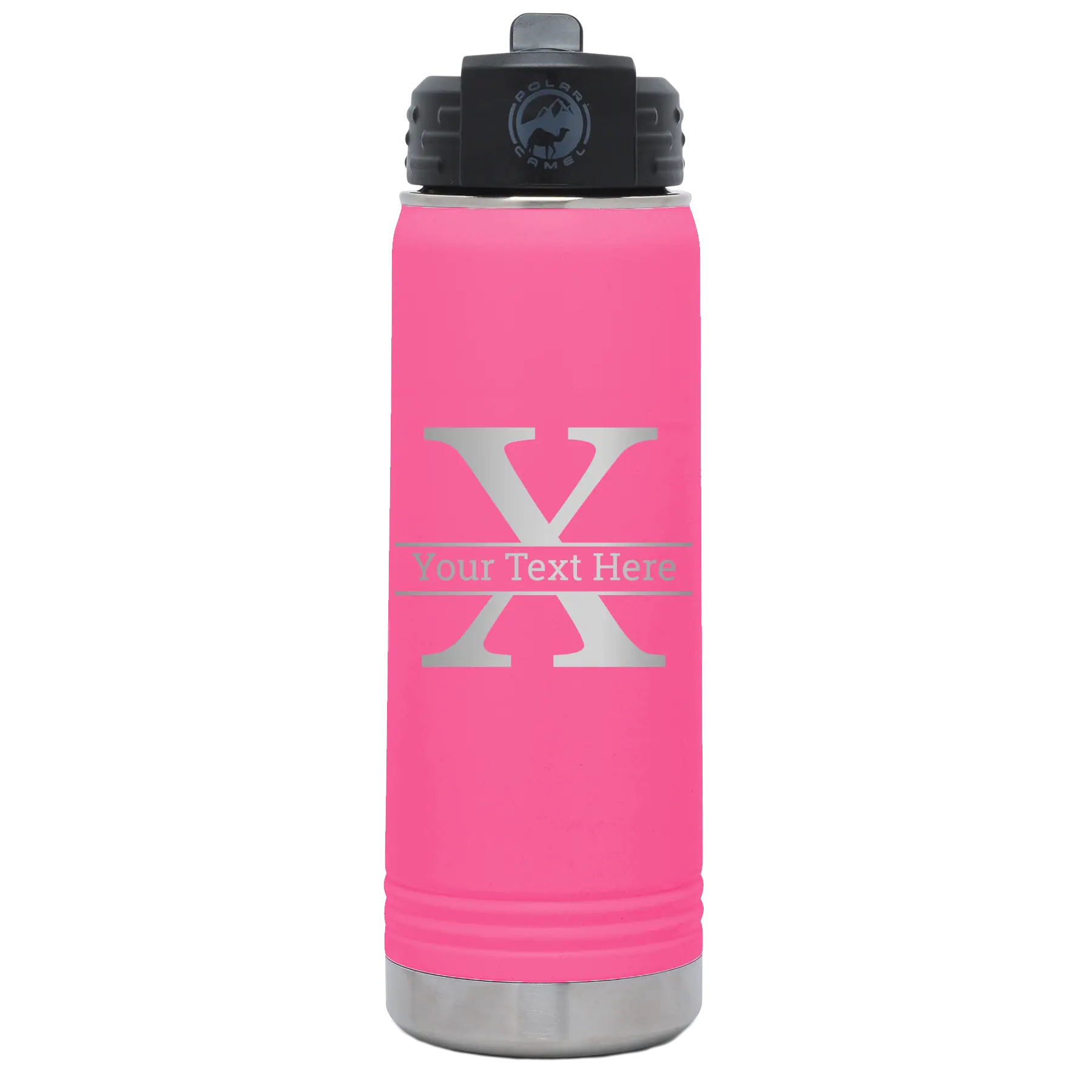 Personalized pink 20 oz vacuum insulated water bottle with 'Monogram letter X' design