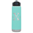 Personalized teal 20 oz vacuum insulated water bottle with 'Monogram letter X' design
