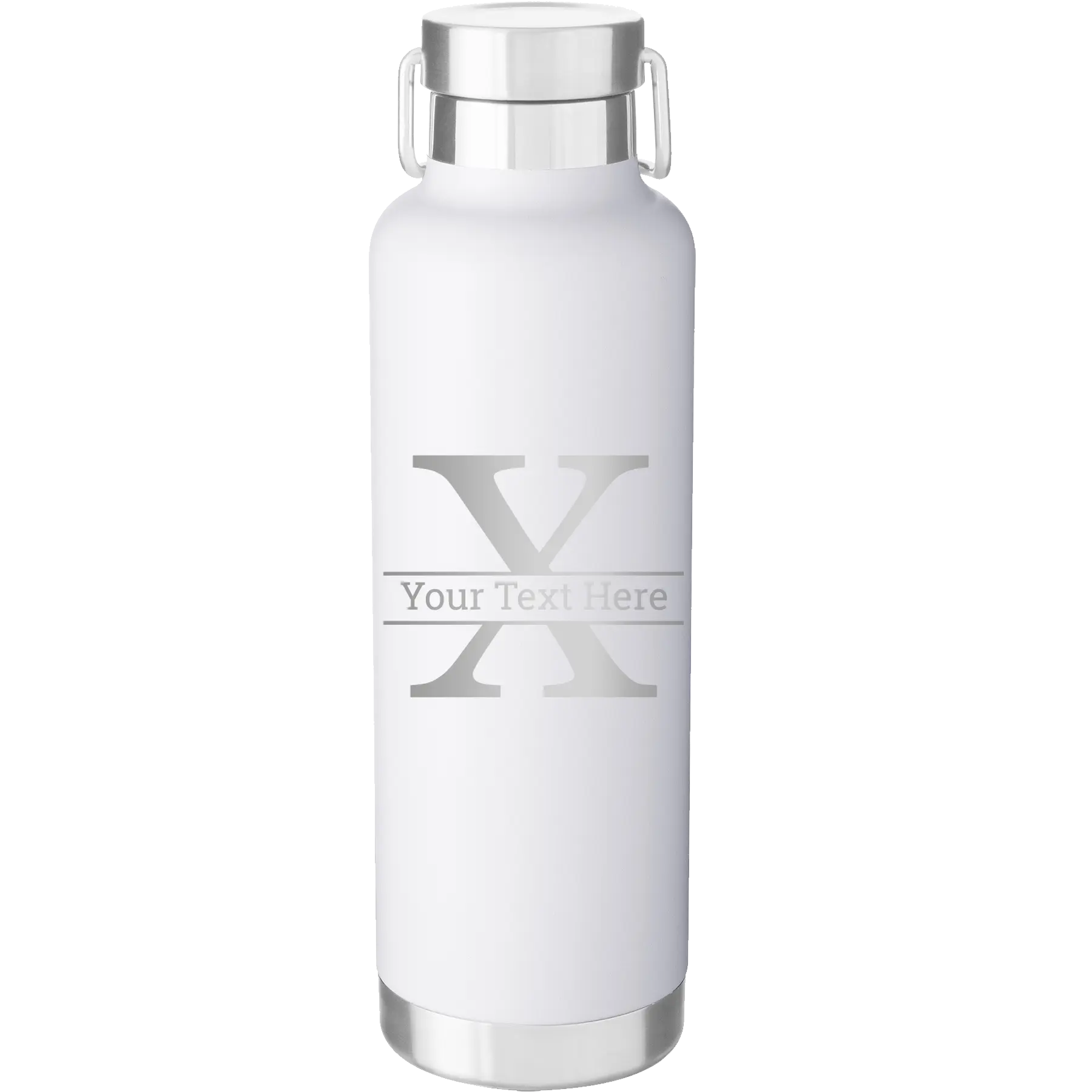 Personalized white 24 oz vacuum insulated water bottle with 'Monogram letter X' design