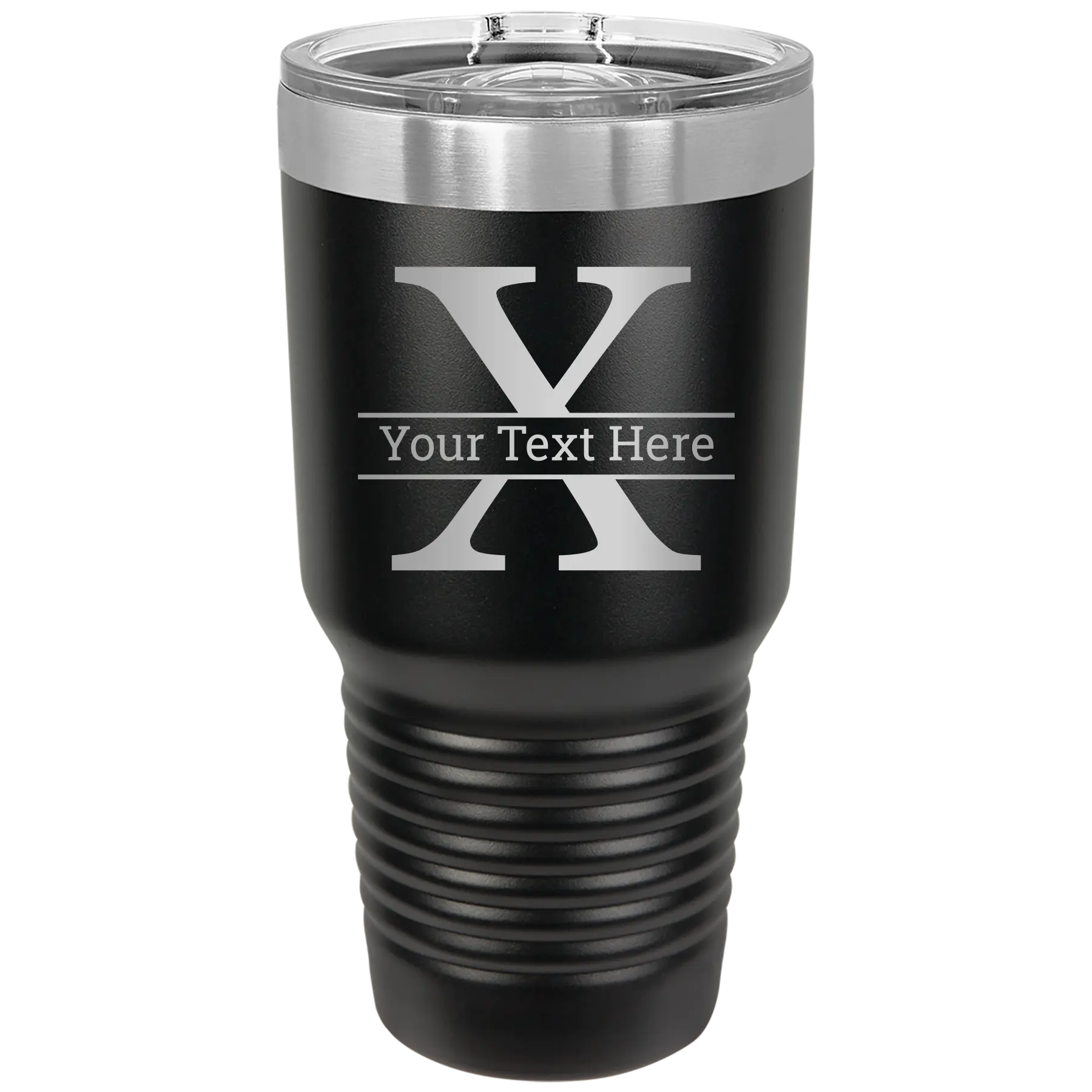 Personalized black 30 oz vacuum insulated tumbler with 'Monogram letter X' design