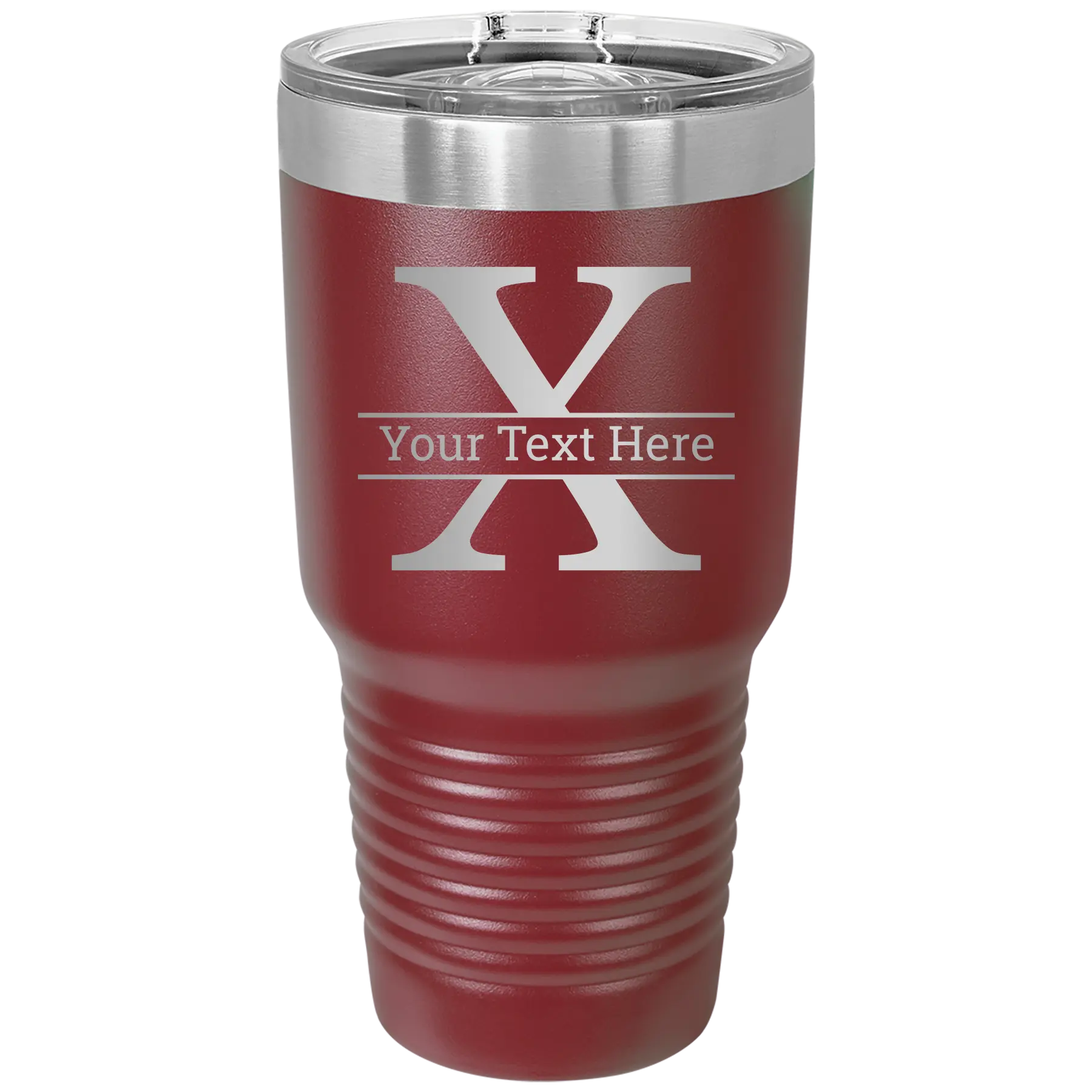 Personalized maroon 30 oz vacuum insulated tumbler with 'Monogram letter X' design