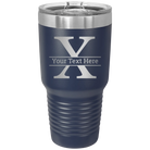 Personalized navy 30 oz vacuum insulated tumbler with 'Monogram letter X' design