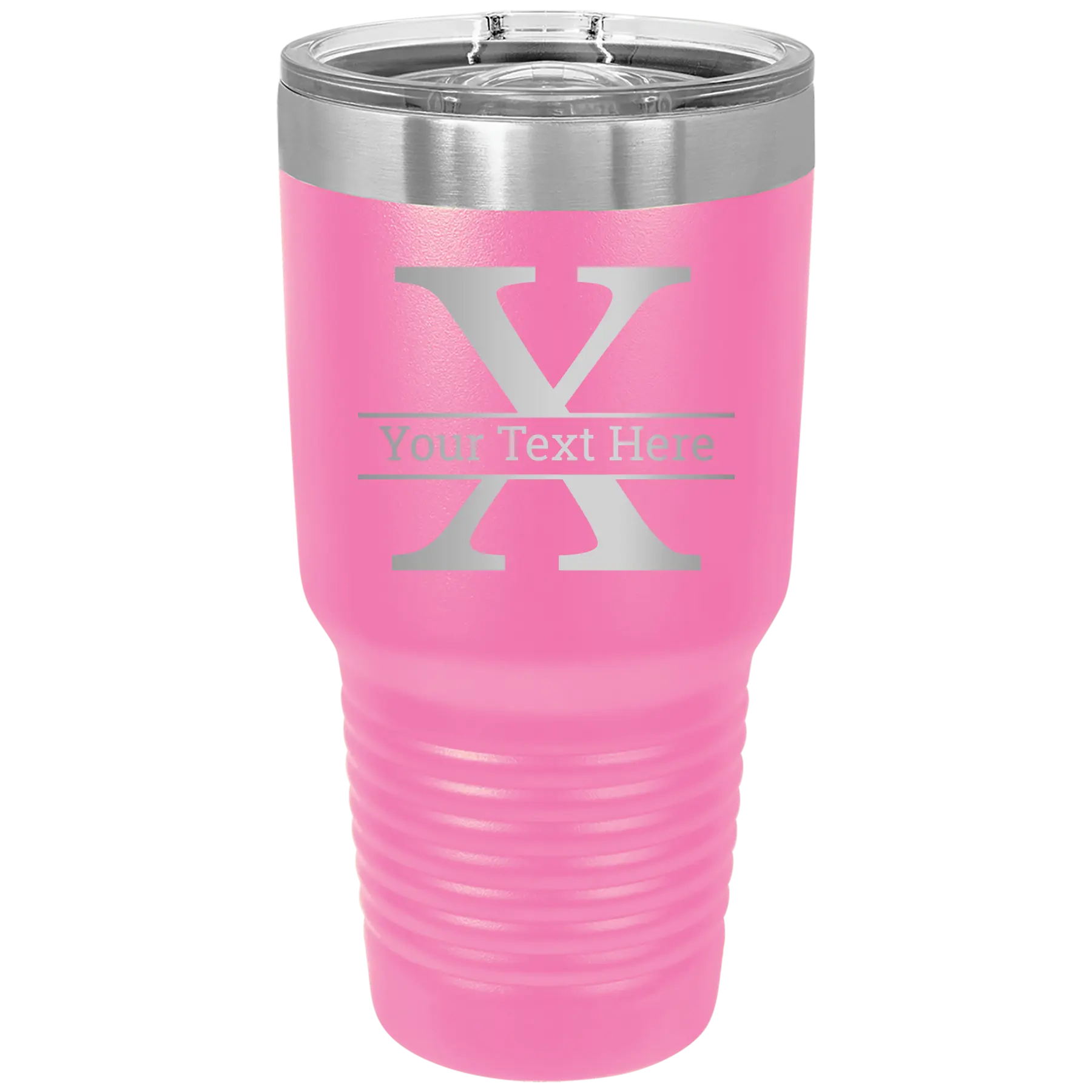 Personalized pink 30 oz vacuum insulated tumbler with 'Monogram letter X' design