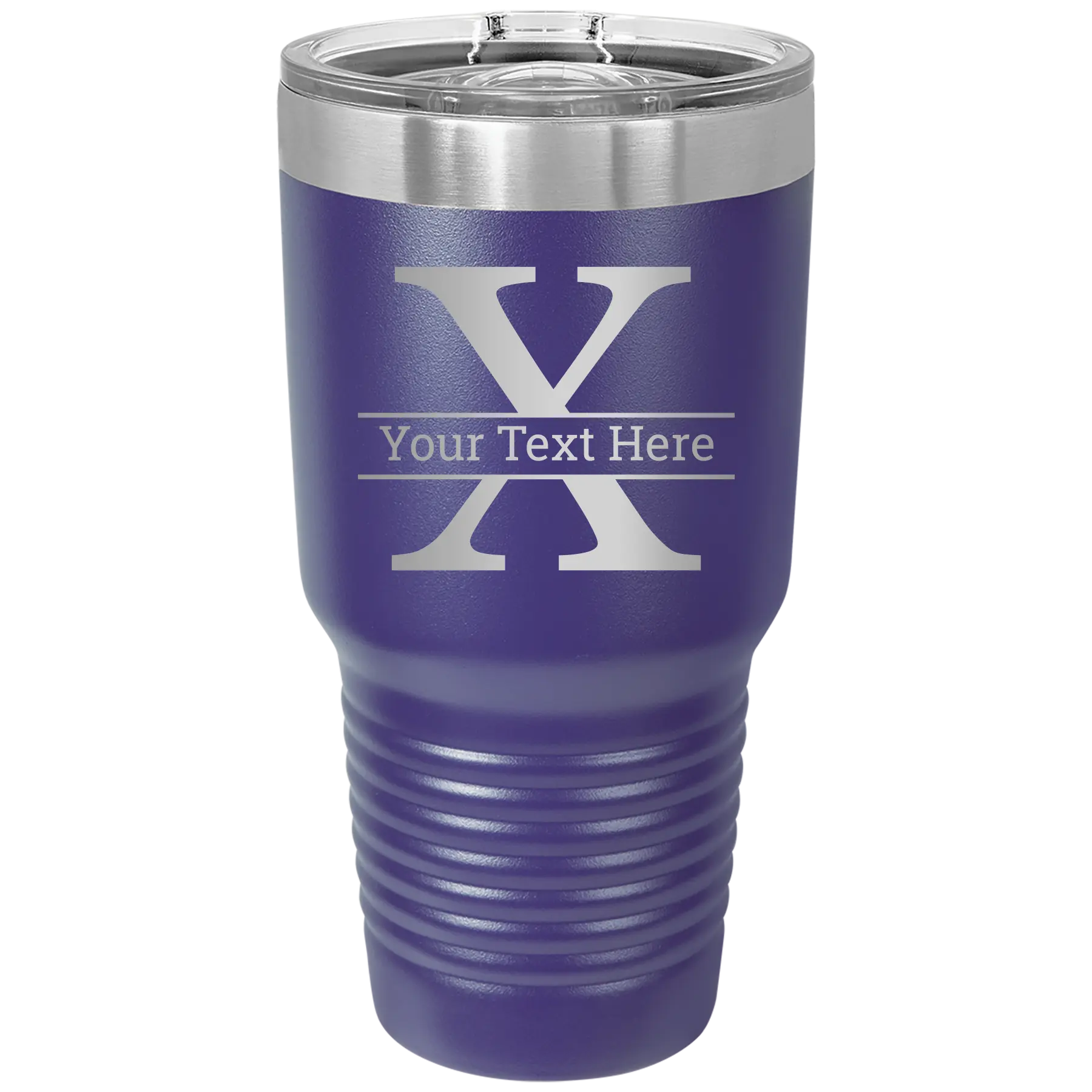 Personalized purple 30 oz vacuum insulated tumbler with 'Monogram letter X' design