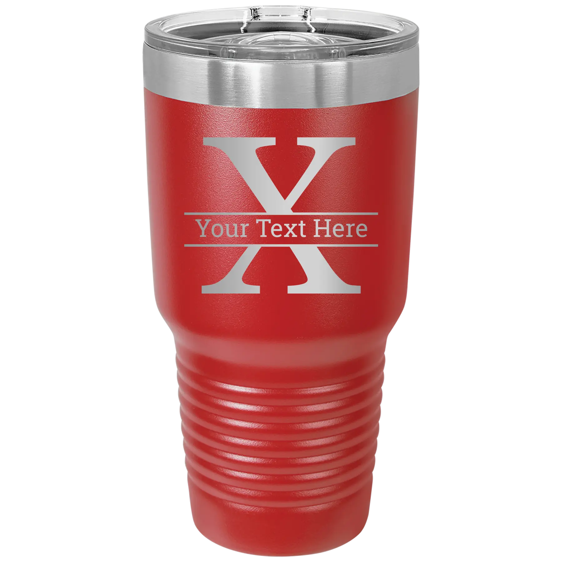 Personalized red 30 oz vacuum insulated tumbler with 'Monogram letter X' design