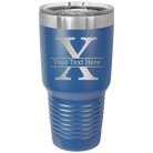 Personalized royal blue 30 oz vacuum insulated tumbler with 'Monogram letter X' design