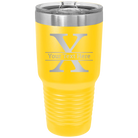 Personalized yellow 30 oz vacuum insulated tumbler with 'Monogram letter X' design