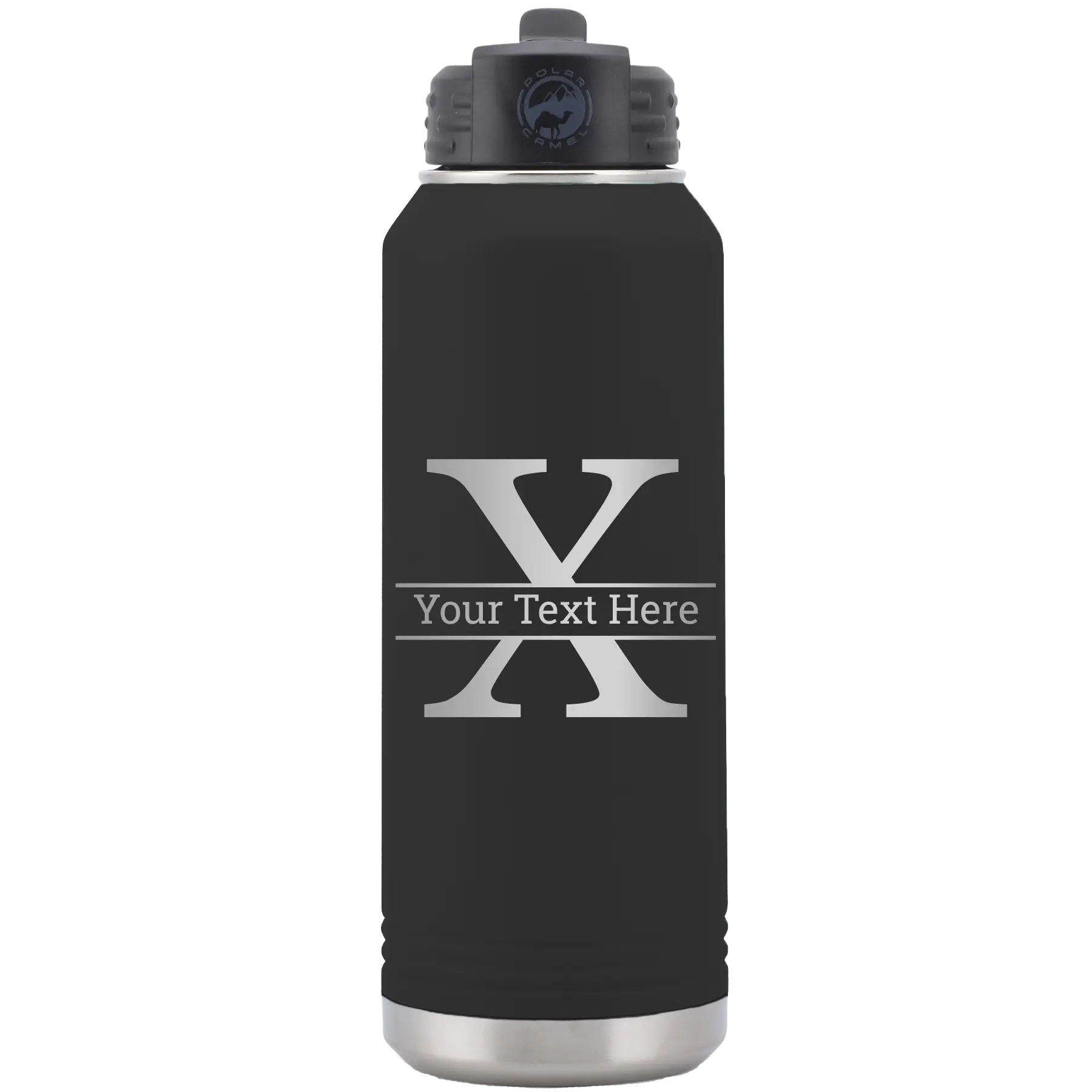 Personalized black 32 oz vacuum insulated water bottle with 'Monogram letter X' design