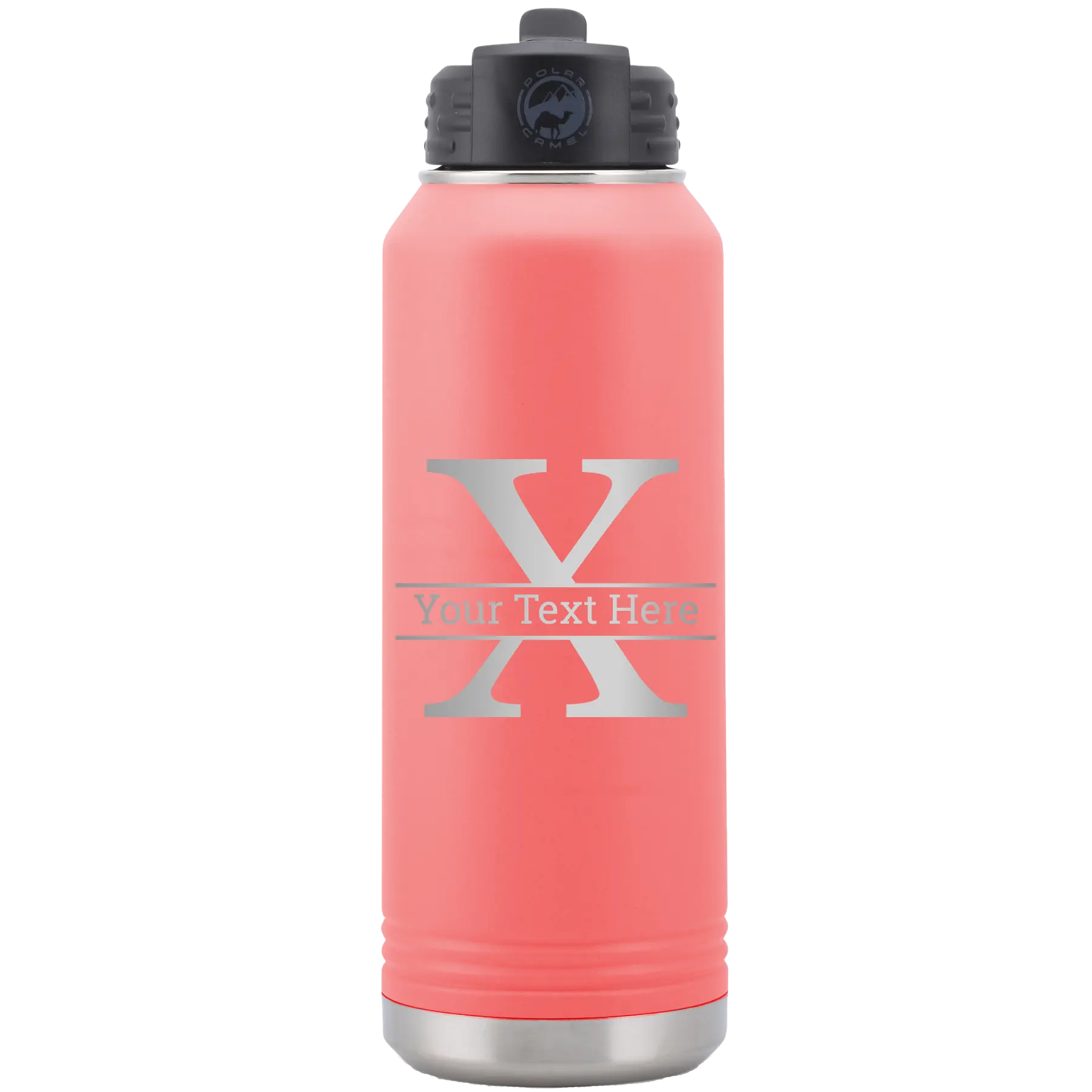 Personalized coral 32 oz vacuum insulated water bottle with 'Monogram letter X' design