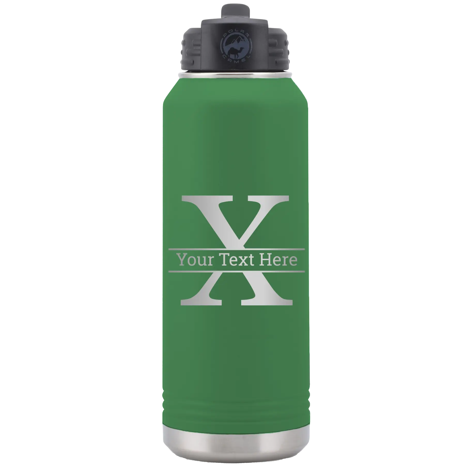 Personalized green 32 oz vacuum insulated water bottle with 'Monogram letter X' design