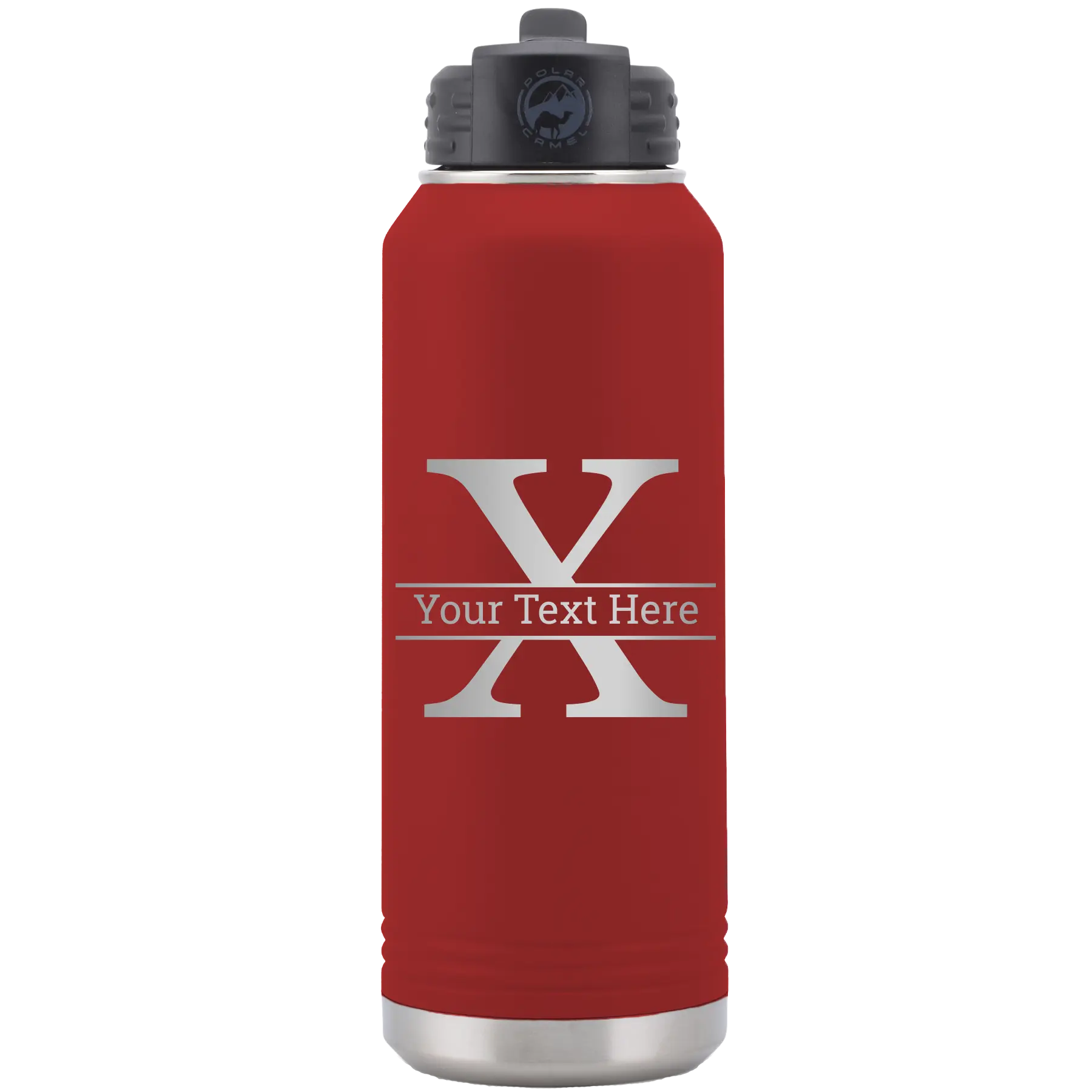 Personalized maroon 32 oz vacuum insulated water bottle with 'Monogram letter X' design