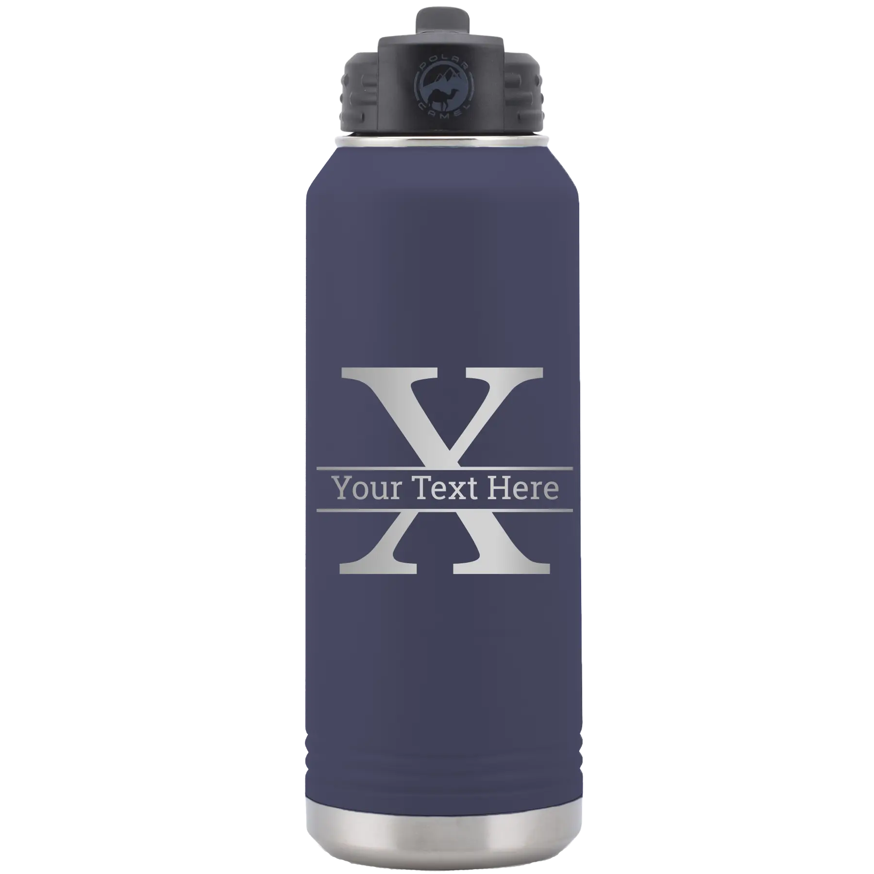 Personalized navy 32 oz vacuum insulated water bottle with 'Monogram letter X' design