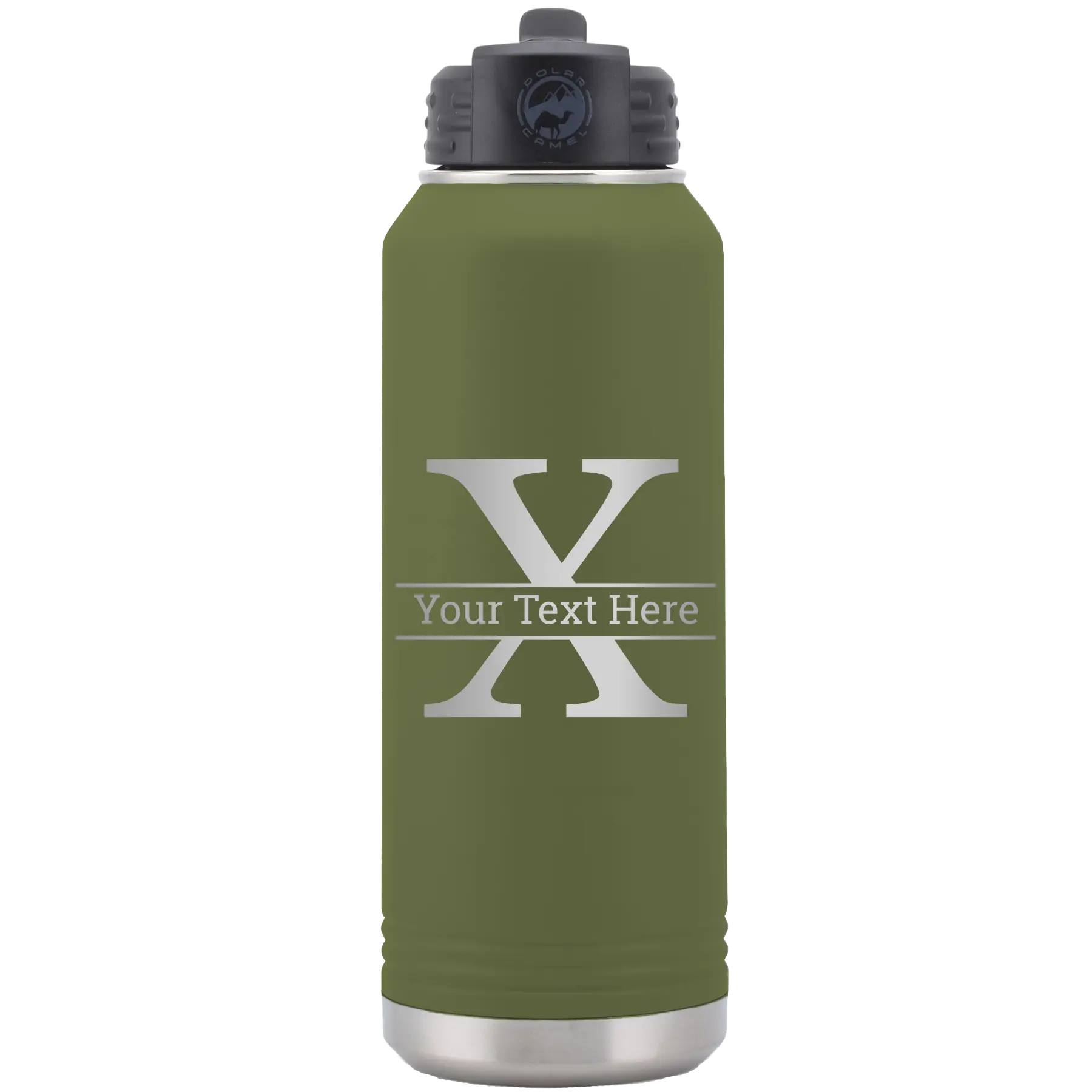 Personalized olive green 32 oz vacuum insulated water bottle with 'Monogram letter X' design
