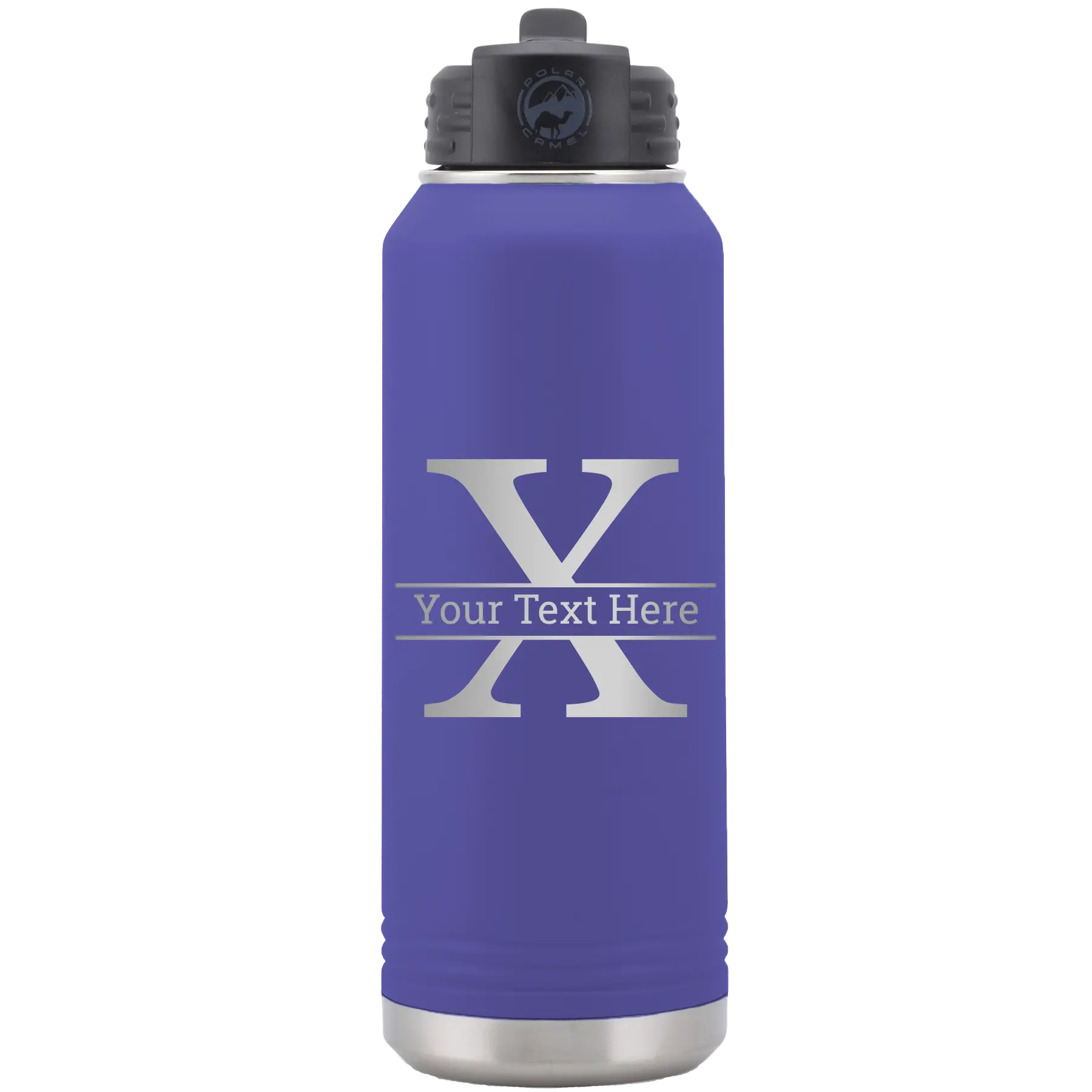 Personalized purple 32 oz vacuum insulated water bottle with 'Monogram letter X' design