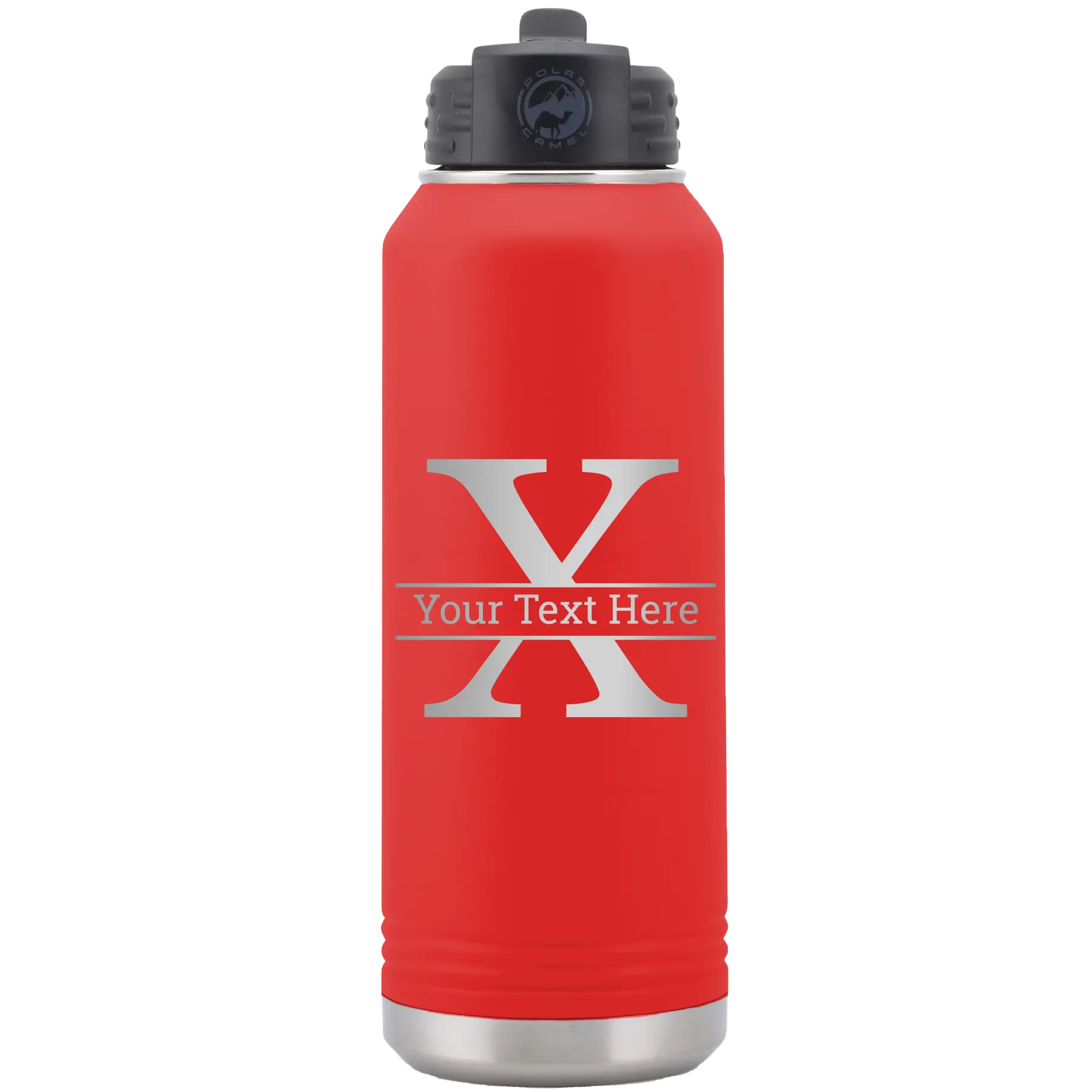 Personalized red 32 oz vacuum insulated water bottle with 'Monogram letter X' design